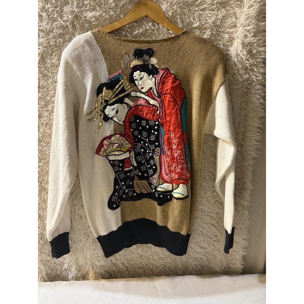 Vintage Bonnie Boerer Geisha Sweater M Ramie Metallic Shoulder Pads 1986 Art
